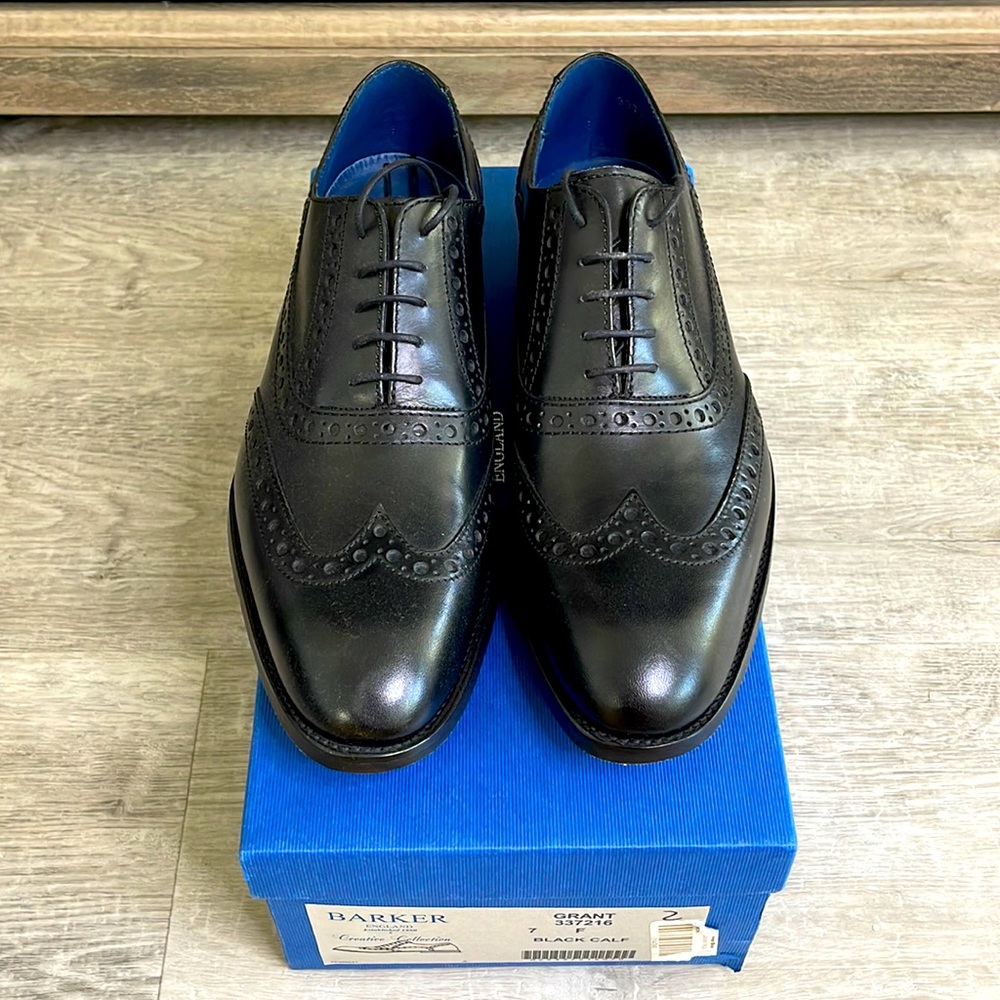 New Barker Grant Black Calf Leather Oxford Shoes Made in England UK 7 = US 7.5